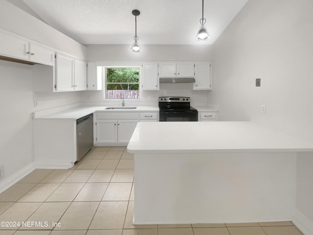 kitchen featuring white cabinetry, stainless steel appliances, sink, light tile patterned floors, and pendant lighting