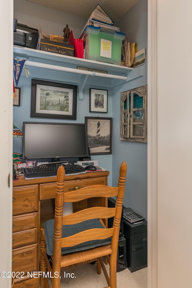 carpeted office with a textured ceiling