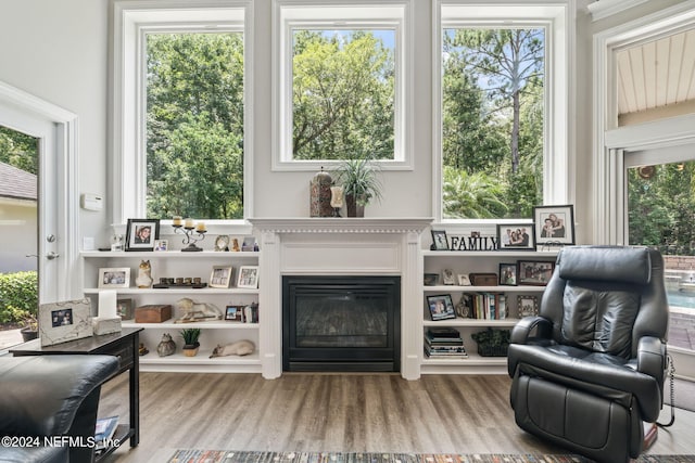 sitting room with wood finished floors, plenty of natural light, and a glass covered fireplace