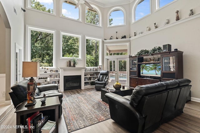 living area featuring wood finished floors, a glass covered fireplace, and a healthy amount of sunlight