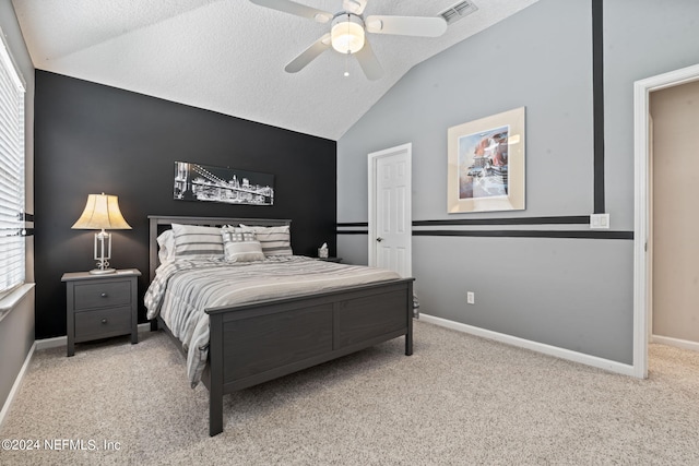 bedroom featuring baseboards, visible vents, vaulted ceiling, a textured ceiling, and carpet floors