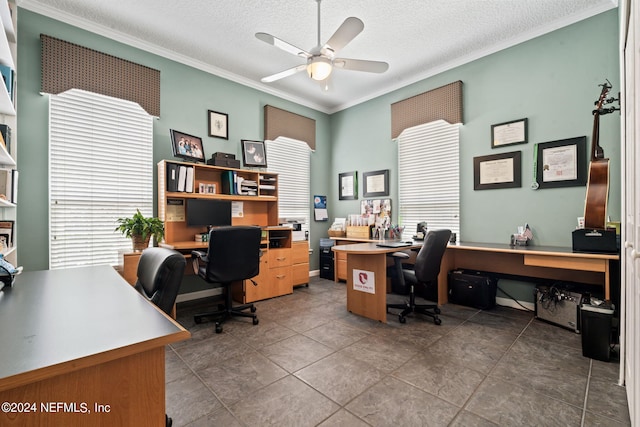 home office with ceiling fan, a textured ceiling, and crown molding