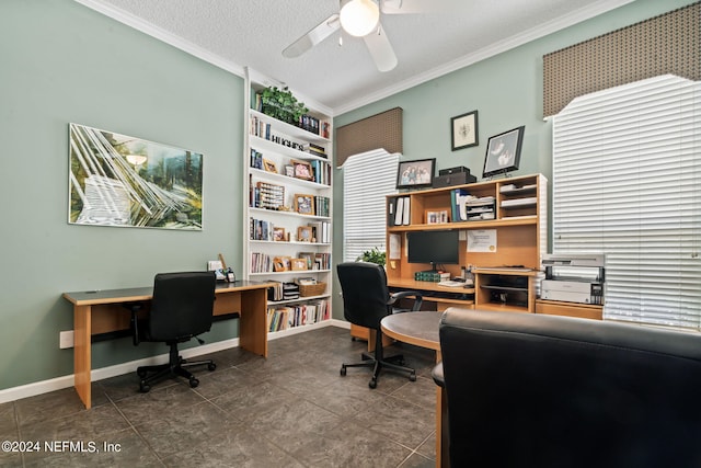 office space featuring a textured ceiling, ceiling fan, baseboards, and crown molding