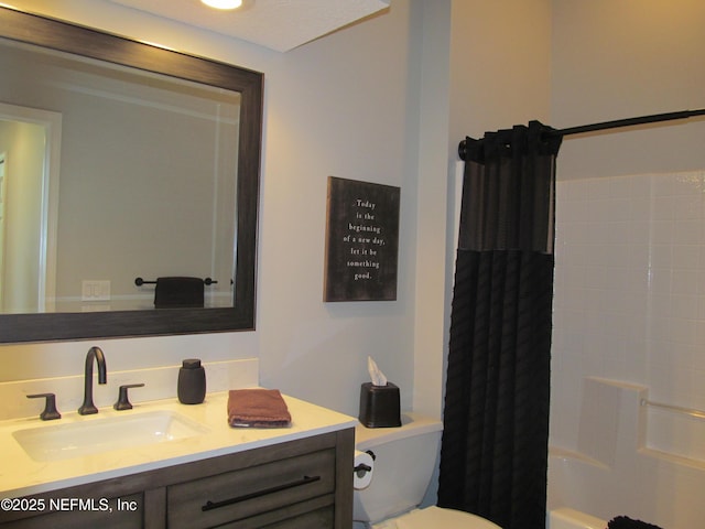 full bathroom with toilet, shower / bath combination with curtain, and vanity