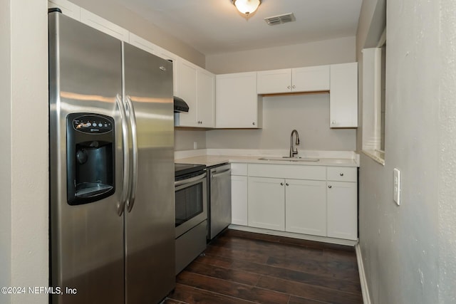 kitchen with white cabinetry, sink, dark wood-type flooring, and appliances with stainless steel finishes