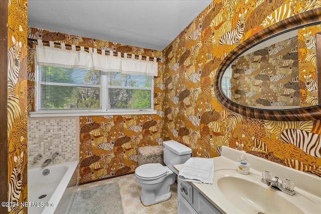 bathroom with toilet, a garden tub, wallpapered walls, and vanity