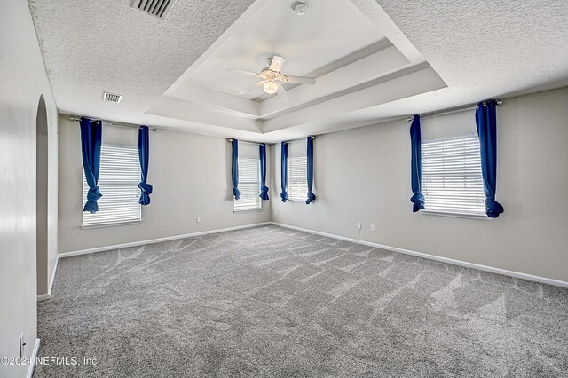 unfurnished room with ceiling fan, a raised ceiling, a wealth of natural light, and carpet flooring