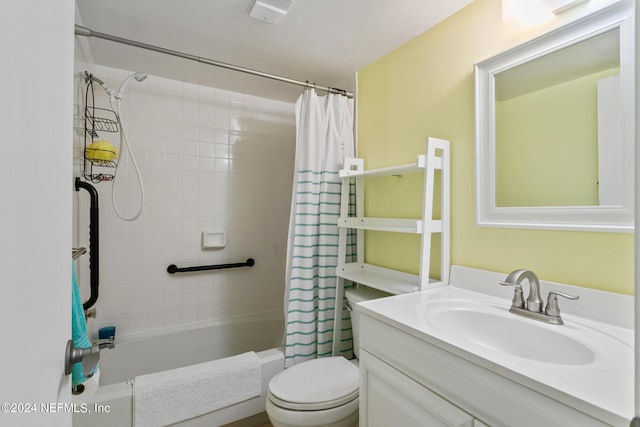 full bath with visible vents, shower / bath combination with curtain, toilet, and vanity