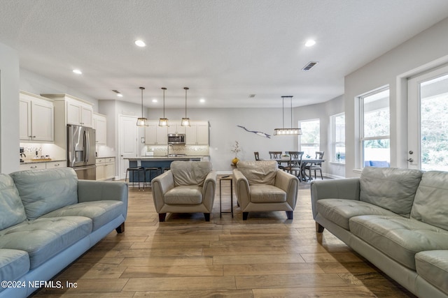 living room featuring hardwood / wood-style flooring, sink, and a textured ceiling