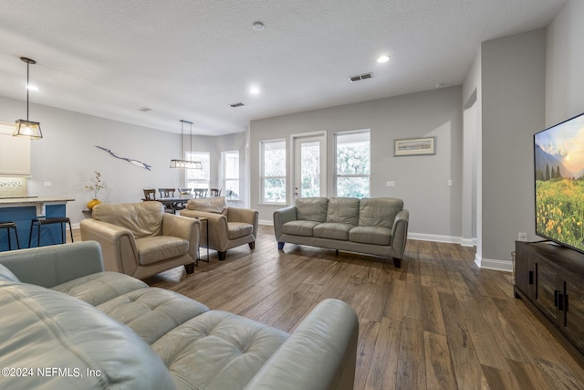 living room featuring hardwood / wood-style flooring and a textured ceiling