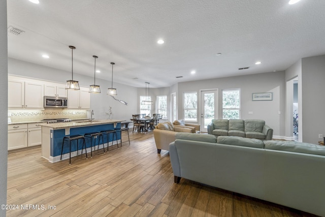 living room featuring sink, a textured ceiling, and light hardwood / wood-style floors