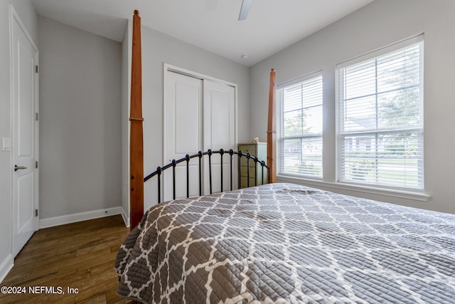 bedroom featuring dark hardwood / wood-style flooring, ceiling fan, multiple windows, and a closet