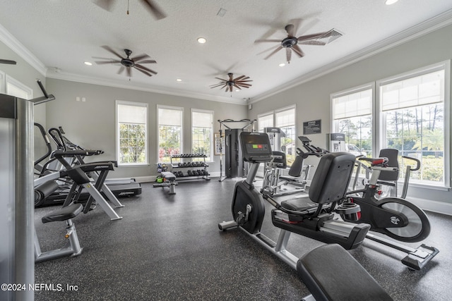 workout area with a textured ceiling and crown molding