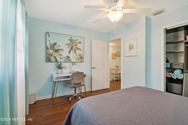 bedroom with dark hardwood / wood-style flooring, a closet, and ceiling fan