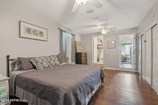 bedroom with dark hardwood / wood-style floors, ensuite bathroom, and ceiling fan