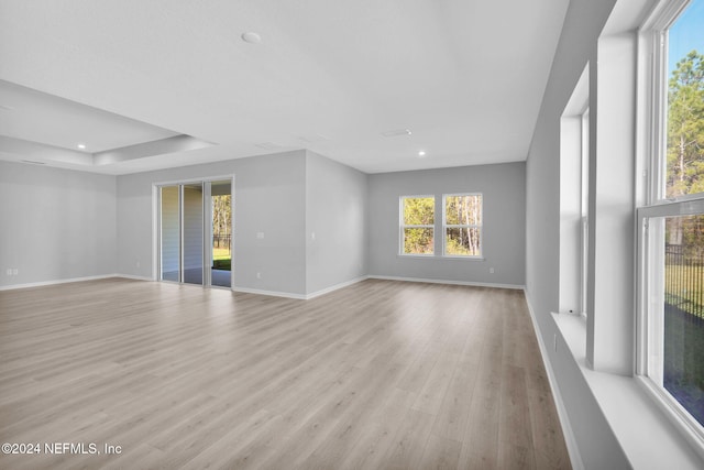 empty room featuring a tray ceiling and light hardwood / wood-style floors