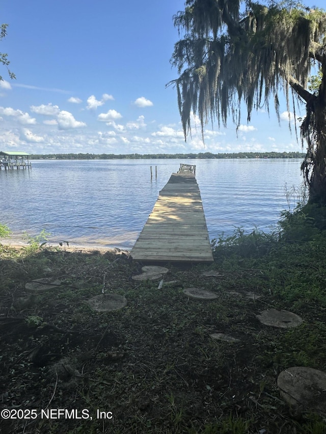 view of dock with a water view