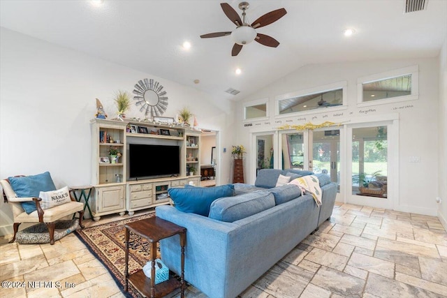 living room featuring french doors, ceiling fan, and high vaulted ceiling