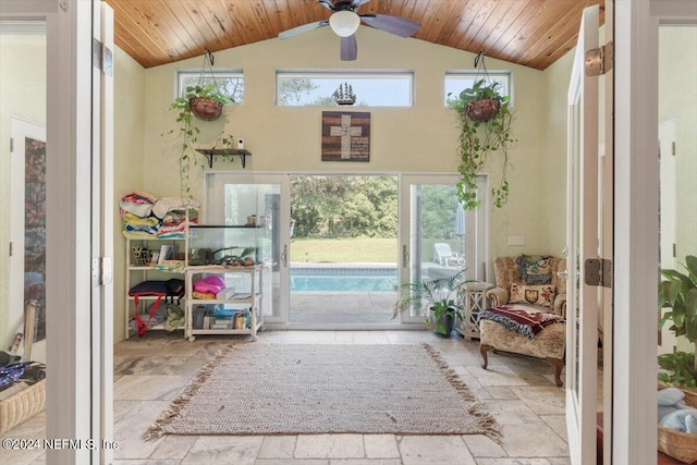 entryway featuring ceiling fan, plenty of natural light, high vaulted ceiling, and wood ceiling