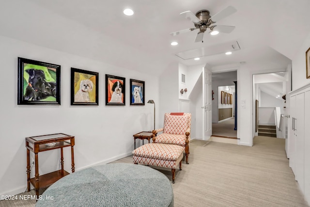 sitting room with attic access, baseboards, visible vents, light colored carpet, and recessed lighting