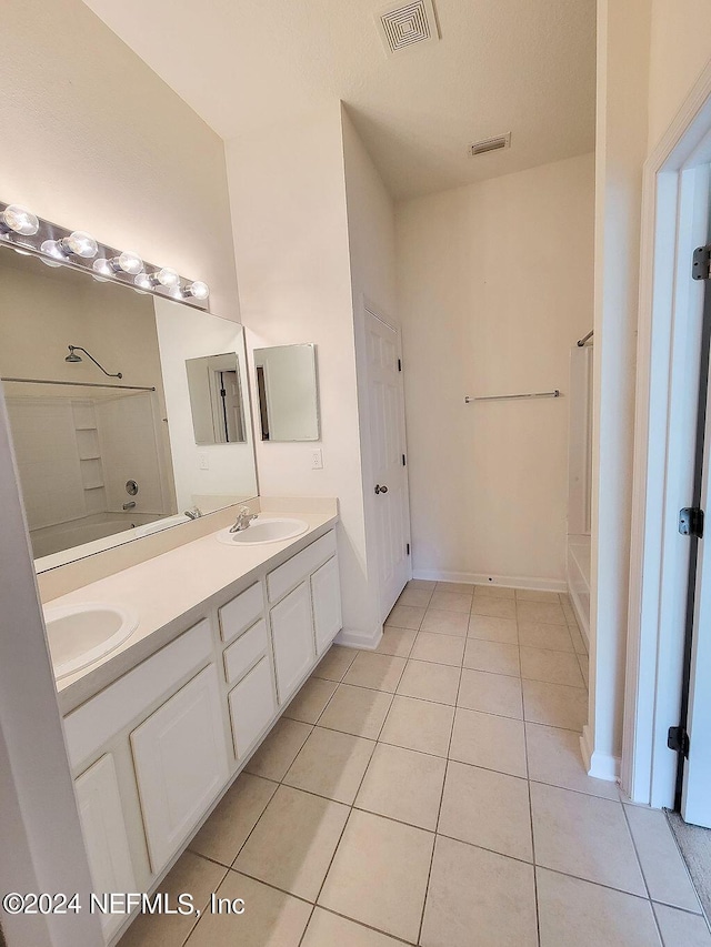 bathroom with vanity, tile patterned floors, and bathing tub / shower combination