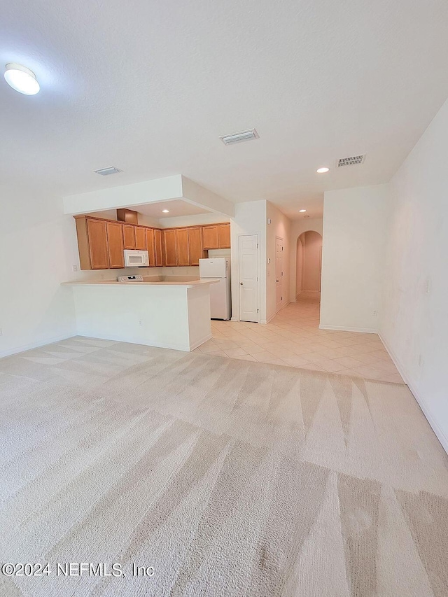 unfurnished living room featuring light carpet