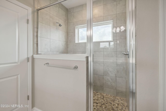 bathroom with a shower with shower door