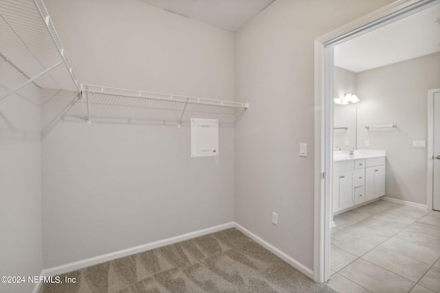 washroom featuring light colored carpet