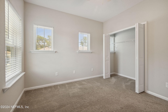 unfurnished bedroom with multiple windows, a closet, and carpet