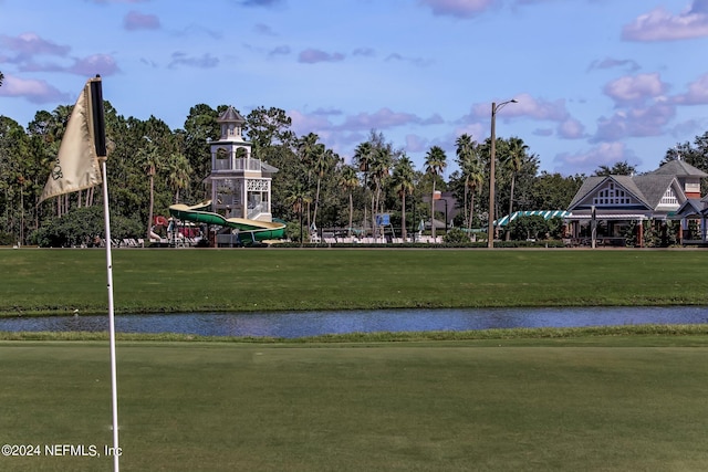 view of property's community featuring a water view and a lawn