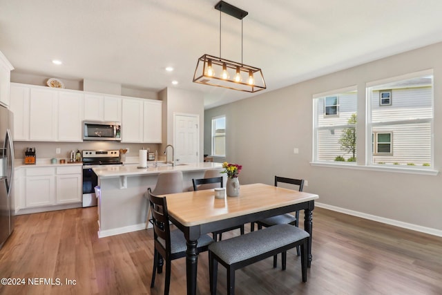 dining space featuring sink and wood-type flooring