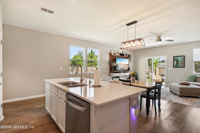 kitchen with sink, white cabinetry, hanging light fixtures, a center island with sink, and dishwasher