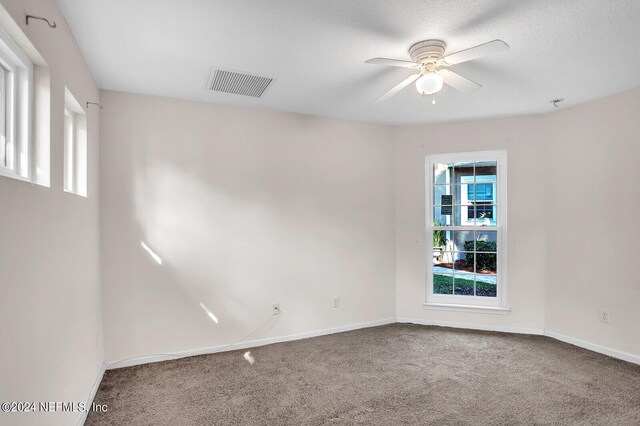 carpeted spare room with ceiling fan and plenty of natural light