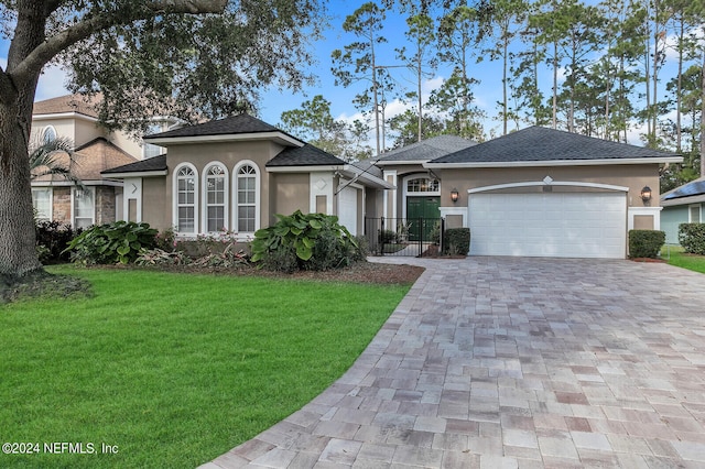 view of front of property with a garage and a front yard