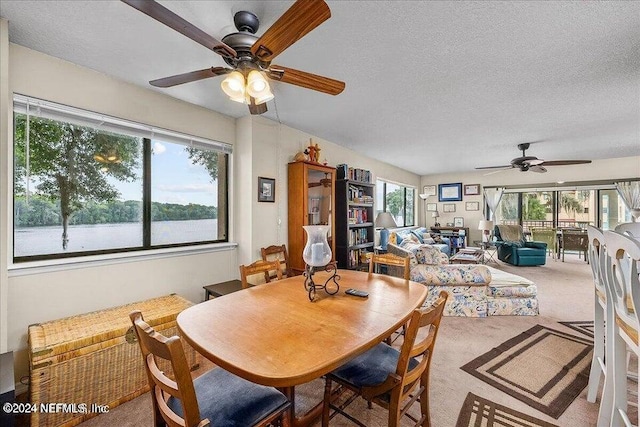 dining room with carpet flooring, ceiling fan, and a textured ceiling