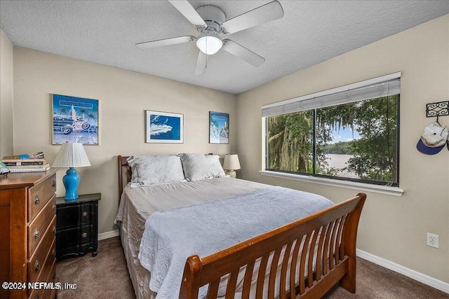 bedroom featuring dark colored carpet, ceiling fan, and multiple windows