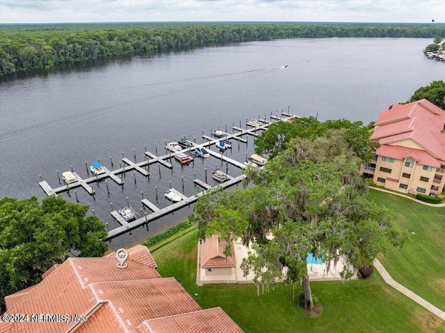 birds eye view of property featuring a water view