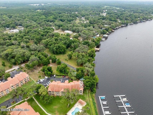 birds eye view of property featuring a water view