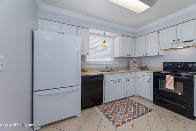 kitchen with white cabinetry, crown molding, and black appliances