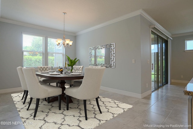 tiled dining area featuring ornamental molding and a notable chandelier