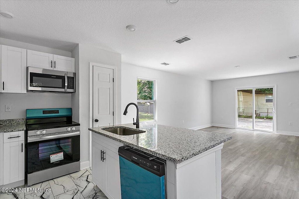 kitchen with a healthy amount of sunlight, appliances with stainless steel finishes, sink, and a center island with sink