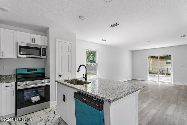 kitchen with a healthy amount of sunlight, appliances with stainless steel finishes, sink, and a center island with sink