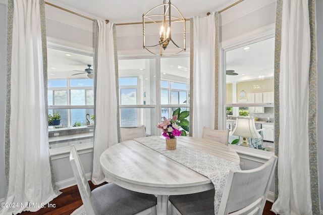 dining room featuring dark wood-style floors and ceiling fan with notable chandelier