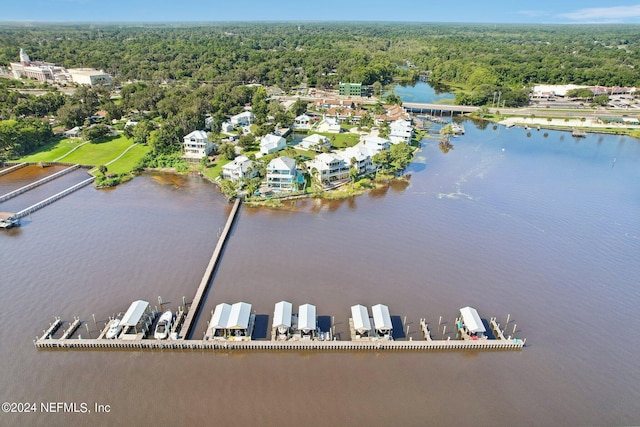 aerial view featuring a water view and a wooded view