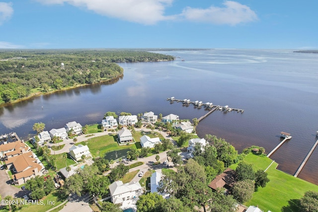 bird's eye view with a water view, a residential view, and a view of trees