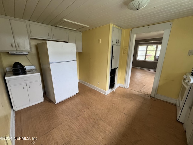 kitchen with white appliances, light wood-type flooring, wooden ceiling, and baseboards