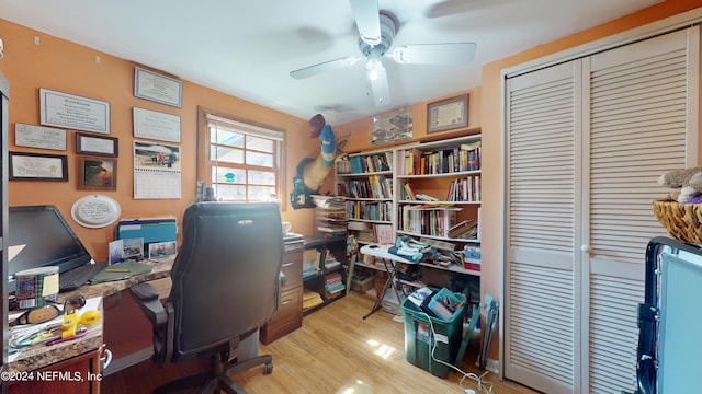 home office with ceiling fan and light hardwood / wood-style flooring