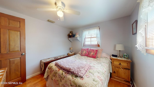 bedroom with ceiling fan and light hardwood / wood-style floors