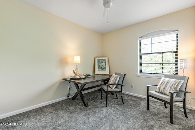 carpeted office space featuring ceiling fan and baseboards