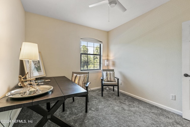 office space featuring dark carpet and ceiling fan